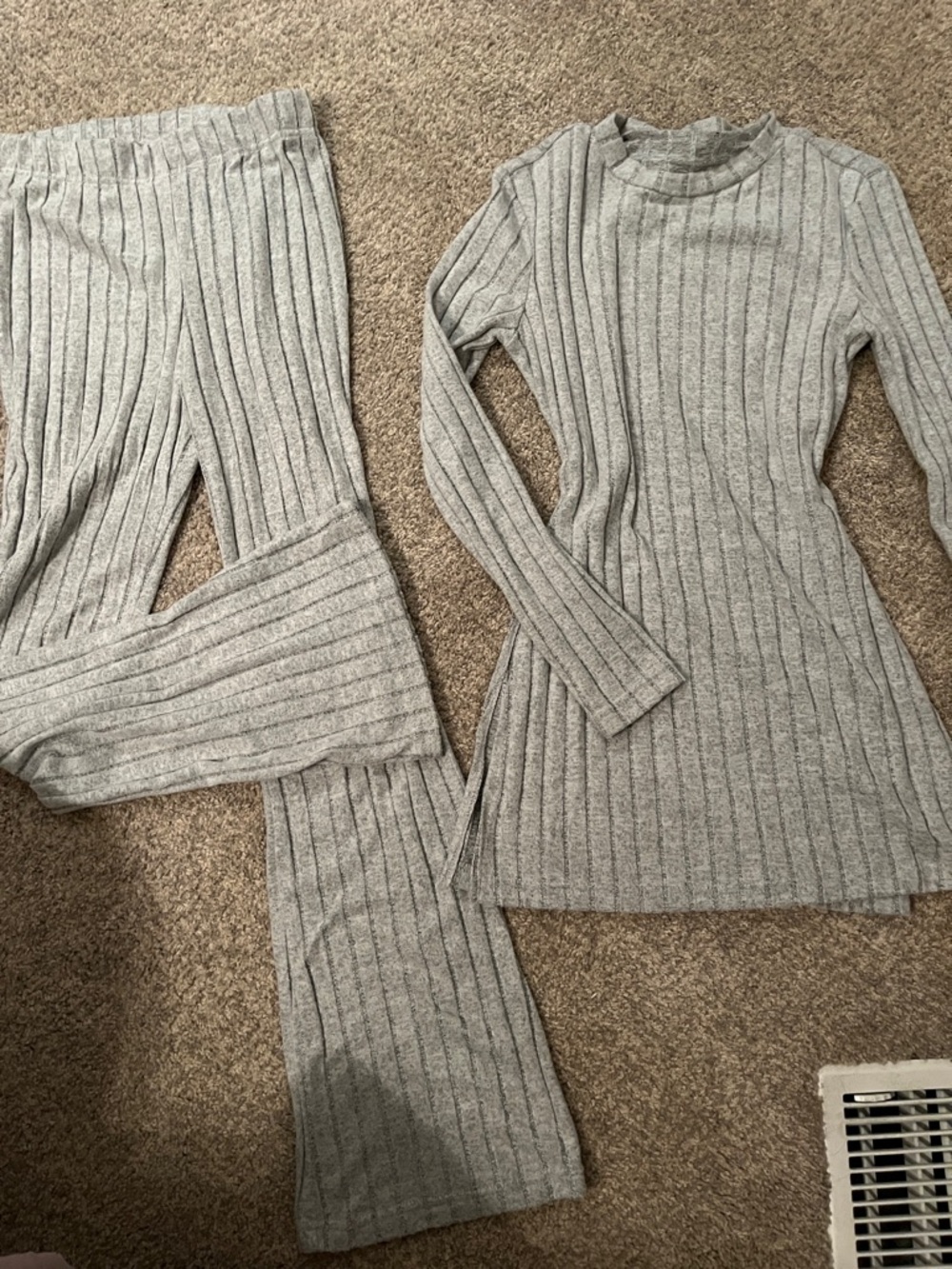 Ribbed Knit Two-Piece Lounge Set in Light Gray